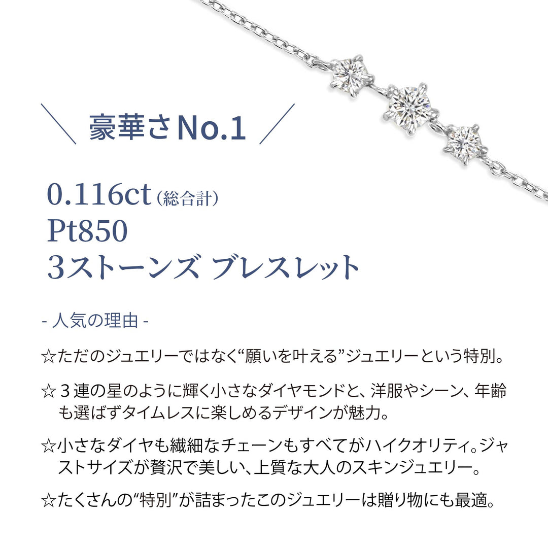 ラボグロウンダイヤモンド 0.116ct スリーストーン ブレスレット プラチナ